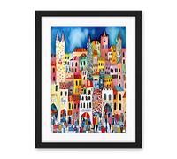 Artery8 Busy Street Vertical Cityscape Folk Art Watercolour Painting Artwork Framed Wall Art Print 18X24 Inch