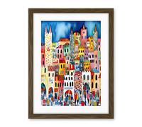Artery8 Busy Street Vertical Cityscape Folk Art Watercolour Painting Artwork Framed Wall Art Print 18X24 Inch