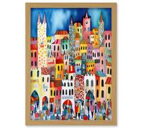 Artery8 Busy Street Vertical Cityscape Folk Art Watercolour Painting Artwork Framed Wall Art Print A4 in Light Oak Artery8 Light Oak