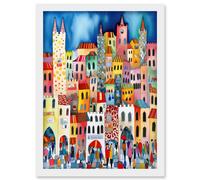 Artery8 Busy Street Vertical Cityscape Folk Art Watercolour Painting Artwork Framed Wall Art Print A4 in White Artery8 White