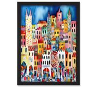 Artery8 Busy Street Vertical Cityscape Folk Art Watercolour Painting Artwork Framed Wall Art Print A4 in Black Artery8 Black