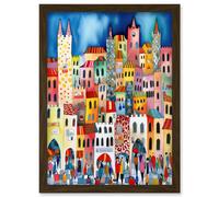 Artery8 Busy Street Vertical Cityscape Folk Art Watercolour Painting Artwork Framed Wall Art Print A4 in Brown Artery8 Brown