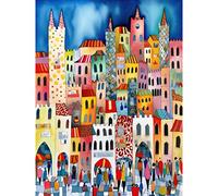 Artery8 Busy Street Vertical Cityscape Folk Art Watercolour Painting Extra Large XL Wall Art Poster Print
