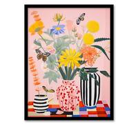 Artery8 Butterflies and Spring Wildflowers in Ceramic Vases Oil Painting Bright Colourful Bouquets Artwork Framed Wall Art Print A4