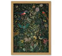 Artery8 Butterflies & Birds on Flowering Shrub Folk Art Artwork Framed Wall Art Print A4 in Light Oak Artery8 Light Oak