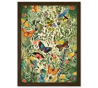 Artery8 Butterflies Flying in Spring Field Modern Folk Art Artwork Framed Wall Art Print A4