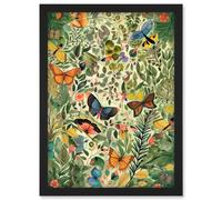 Artery8 Butterflies Flying In Spring Field Modern Folk Art Wall Art Print - A4 Size