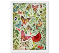 Artery8 Butterflies & Leaves Folk Art Watercolour Painting Artwork Framed Wall Art Print A4 in White Artery8 White
