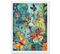 Artery8 Butterfly Insects in Flower Field Modern Folk Art Artwork Framed A3 Wall Art Print