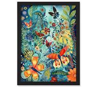 Artery8 Butterfly Insects in Flower Field Modern Folk Art Artwork Framed Wall Art Print A4