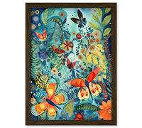 Artery8 Butterfly Insects in Flower Field Modern Folk Art Artwork Framed Wall Art Print A4