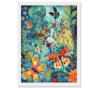 Artery8 Butterfly Insects in Flower Field Modern Folk Art Artwork Framed Wall Art Print A4