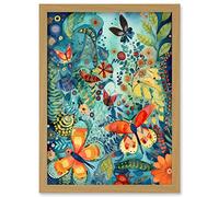 Artery8 Butterfly Insects in Flower Field Modern Folk Art Artwork Framed Wall Art Print A4