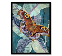 Butterfly on Palm Leaf Painting Tropical Exotic Framed Art Print Artery8 Blue A4