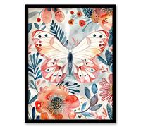 Butterfly Red Blue Floral Watercolour Folk Art Framed Wall Art Artery8 Multi A4