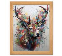 Artery8 Butterfly & Stag Abstract Pastel Deer Art - Oak Wood Framed Print