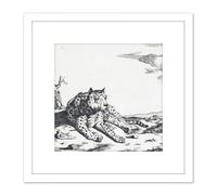 Artery8 Bye Potter Lying Leopard From Front Big Cat Etching 8X8 Inch Square Wooden Framed Wall Art Print Picture with Mount in White Artery8 White