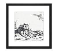 Artery8 Bye Potter Lying Leopard From Front Big Cat Etching 8X8 Inch Square Wooden Framed Wall Art Print Picture with Mount in Black Artery8 Black