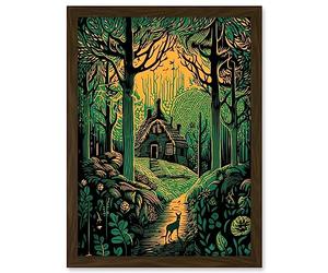 Artery8 Cabin Hut in the Forest Green and Orange Linocut Artwork Framed A3 Wall Art Print