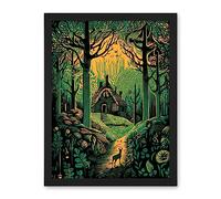 Artery8 Cabin Hut in the Forest Green and Orange Linocut Artwork Framed Wall Art Print 18X24 Inch