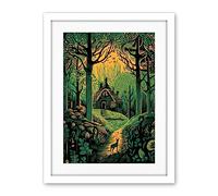 Artery8 Cabin Hut in the Forest Green and Orange Linocut Artwork Framed Wall Art Print 18X24 Inch