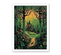 Artery8 Cabin Hut in the Forest Green and Orange Linocut Artwork Framed Wall Art Print 18X24 Inch