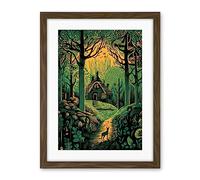 Artery8 Cabin Hut in the Forest Green and Orange Linocut Artwork Framed Wall Art Print 18X24 Inch