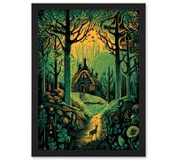 Artery8 Cabin Hut in the Forest Green & Orange Linocut Artwork Framed Wall Art Print A4 in Black Artery8 Black