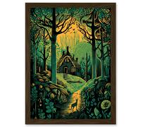 Artery8 Cabin Hut in the Forest Green and Orange Linocut Artwork Framed Wall Art Print A4