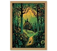Artery8 Cabin Hut in the Forest Green and Orange Linocut Artwork Framed Wall Art Print A4