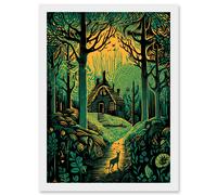 Artery8 Cabin Hut in the Forest Green and Orange Linocut Artwork Framed Wall Art Print A4