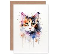 Artery8 Calico Cat Lovers Gift Watercolour Pet Portrait Painting Artwork Sealed Greeting Card Plus Envelope Blank inside