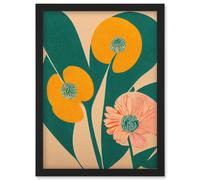 Wee Blue Coo California Poppy Flower Blooms Turquoise Leaves Bright Artwork Framed Wall Art Print A4