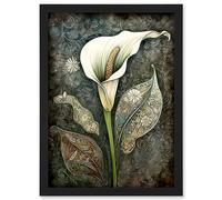 Artery8 Calla Lily Flower Bloom with Batik Style Patterns Artwork Framed Wall Art Print A4