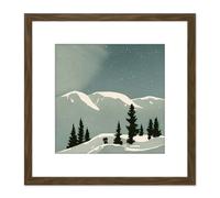 Artery8 Calm Starry Night Snow Covered Mountain Landscape Winter Scene Watercolour Painting Square Wooden Framed Wall Art Print Picture 8X8 Inch Artery8 Brown