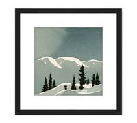 Artery8 Calm Starry Night Snow Covered Mountain Landscape Winter Scene Watercolour Painting Square Wooden Framed Wall Art Print Picture 8X8 Inch Artery8 Black