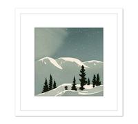 Artery8 Calm Starry Night Snow Covered Mountain Landscape Winter Scene Watercolour Painting Square Wooden Framed Wall Art Print Picture 8X8 Inch Artery8 White