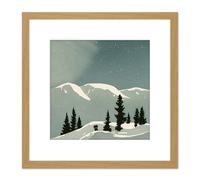 Artery8 Calm Starry Night Snow Covered Mountain Landscape Winter Scene Watercolour Painting Square Wooden Framed Wall Art Print Picture 8X8 Inch Artery8 Light Oak