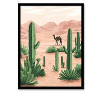 Artery8 Camel in Pastel Pink Desert Sand Dunes and Cacti Living Room Artwork Framed Wall Art Print A4