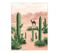 Artery8 Camel in Pastel Pink Desert Sand Dunes and Cacti Living Room Large Wall Art Poster Print Thick Paper 18X24 Inch