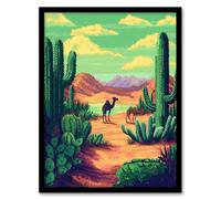 Artery8 Camels in Desert Cacti Oasis Pixel Art Landscape Living Room Artwork Framed Wall Art Print 18X24 Inch