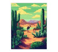 Camels in Desert Cacti Oasis Pixel Art Landscape Wall Art Print Artery8 Green W24 inch x H32 inch