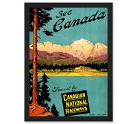 Artery8 Canada Rail Train Lake Mountain Scenic Tree Pine Advert A4 Artwork Framed Wall Art Print in Black Artery8 Black