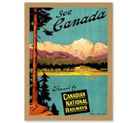 Artery8 Canada Rail Train Lake Mountain Scenic Tree Pine Advert A4 Artwork Framed Wall Art Print in Light Oak Artery8 Light Oak