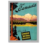 Artery8 Canada Rail Train Lake Mountain Scenic Tree Pine Advert A4 Artwork Framed Wall Art Print in Light Grey Artery8 Light Grey