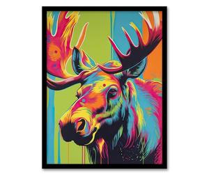 Artery8 Canadian Moose Painting Vibrant Portrait Modern Artwork Artwork Framed Wall Art Print 18X24 Inch