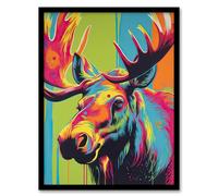 Artery8 Canadian Moose Painting Vibrant Portrait Modern Artwork Artwork Framed Wall Art Print A4