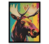 Artery8 Canadian Moose Psychedelic Animal Portrait Screenprint Artwork Vibrant Bold Bright Colourful Painting Artwork Framed Wall Art Print A4