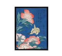 Artery8 Canary & Peony Flowers Framed Canvas Wall Art Print Katsushika Hokusai in Blue | Size: W18" x H24" Artery8 Blue W18" x H24"