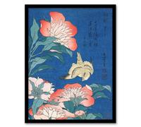 Artery8 Canary & Peony Flowers Japan Framed Wall Art Print Katsushika Hokusai in Blue | Size: A4 Artery8 Blue A4